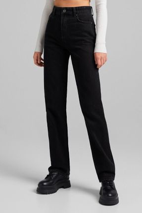 شلوار جین مشکی زنانه پاچه راحت سوپر فاق بلند جین ساده کد 310180549