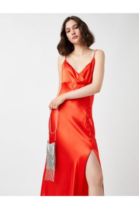 لباس مجلسی قرمز زنانه ویسکون آستین استاندارد سایز بزرگ هالترنک بدون آستر کد 309653660