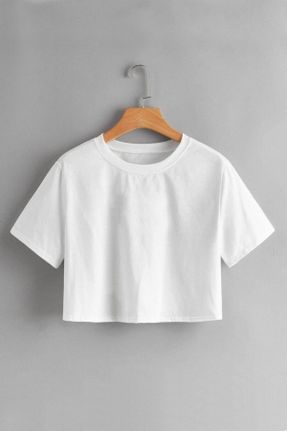 تی شرت سفید زنانه پنبه (نخی) یقه گرد کراپ کد 311987856