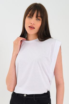 تی شرت سفید زنانه پنبه (نخی) یقه گرد رگولار تکی بیسیک کد 312017109