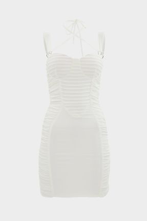 لباس سفید زنانه بافتنی کرپ Fitted بند دار کد 313591622