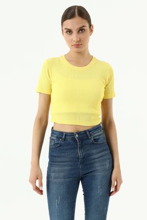 تی شرت زرد زنانه کراپ یقه گرد کد 313137500