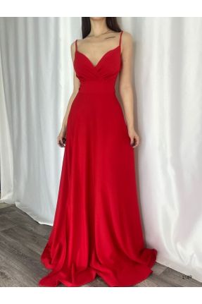 لباس مجلسی قرمز زنانه آویزی یقه دوبل کرپ رگولار بدون آستر کد 316134381
