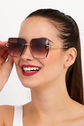 عینک آفتابی قهوه ای زنانه 50 UV400 فلزی مات مستطیل کد 214995239