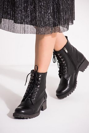 بوت / نیم بوت مشکی زنانه چرم خالص Deripabuc - کد 458450