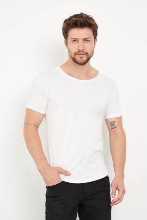 تی شرت سفید مردانه پنبه (نخی) اسلیم فیت یقه گرد کد 317377662
