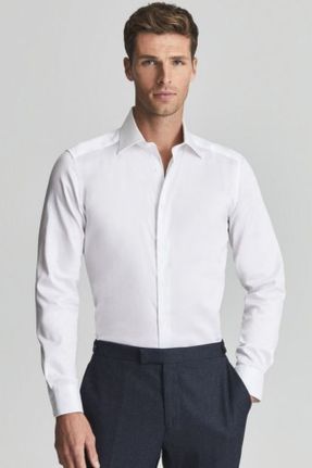 پیراهن سفید مردانه یقه دکمه مخفی کتان - ساتن Fitted کد 319210192