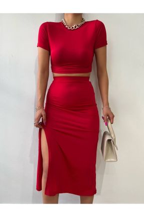 لباس قرمز زنانه بافتنی لیکرا آستین-کوتاه کد 320346313