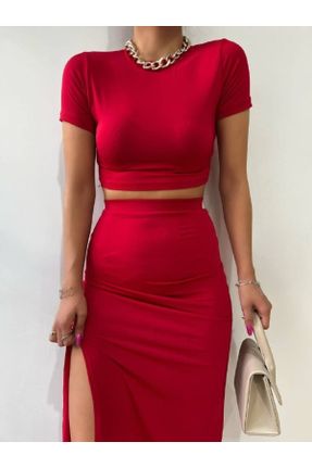 لباس قرمز زنانه بافتنی لیکرا آستین-کوتاه کد 320346313