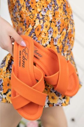 دمپائی نارنجی زنانه چرم مصنوعی پاشنه ساده پاشنه کوتاه ( 4 - 1 cm ) کد 321239302