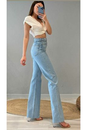 شلوار جین آبی زنانه پاچه گشاد فاق بلند جین ساده جوان کد 327434878