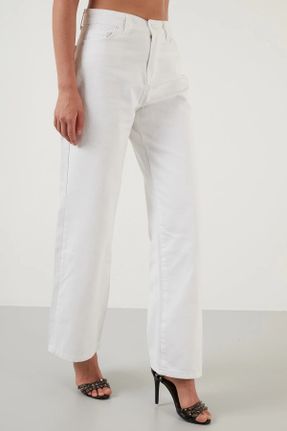 شلوار جین سفید زنانه پاچه گشاد فاق بلند پنبه (نخی) جوان بلند کد 328942787
