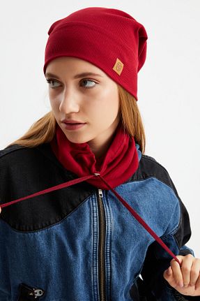 ست شال گردن و کلاه پشمی زرشکی زنانه پنبه ای Butikgiz - کد 328656086