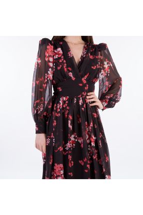 لباس قرمز زنانه بافتنی شیفون طرح گلدار اورسایز آستین-بلند کد 285518168