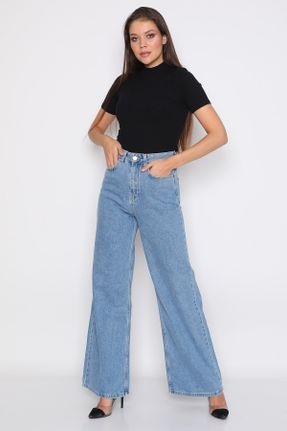 شلوار جین آبی زنانه پاچه راحت فاق بلند اکریلیک ساده جوان بلند کد 331148128