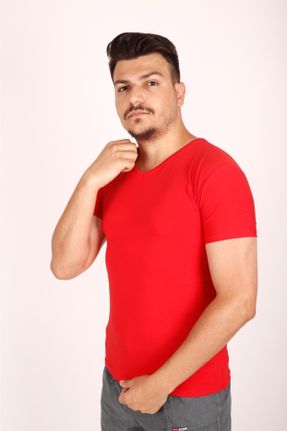 تی شرت قرمز مردانه Fitted یقه گرد تکی کد 335052036