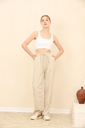شلوار بژ زنانه مخلوط کتان Lin Collection - کد 301574456