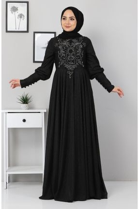 لباس مجلسی مشکی زنانه یقه گرد دانتل آستین استاندارد رگولار کد 124018799