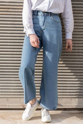 شلوار جین سرمه ای زنانه پاچه راحت فاق بلند جین بلند کد 336651006