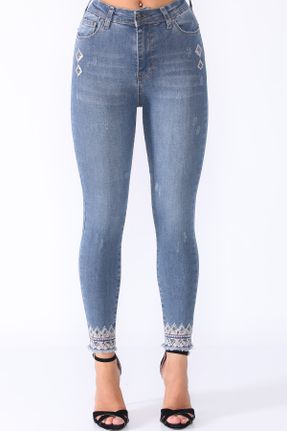 شلوار جین آبی زنانه پاچه تنگ فاق بلند جین اسلیم کد 43549461