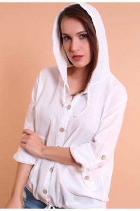 پیراهن سفید زنانه رگولار یقه پیراهنی کتان کد 74879542