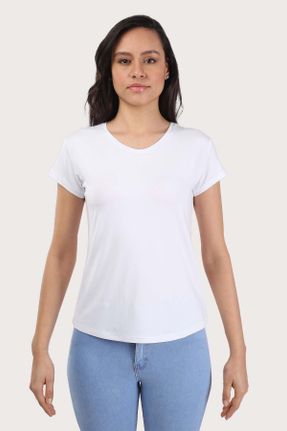 تی شرت سفید زنانه رگولار یقه هفت پنبه - پلی استر تکی بیسیک کد 55145436