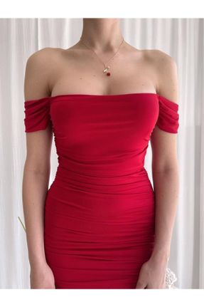 لباس فارغ التحصیلی قرمز زنانه پلی استر آستین افتاده اسلیم استراپلز آستر دار کد 335852102