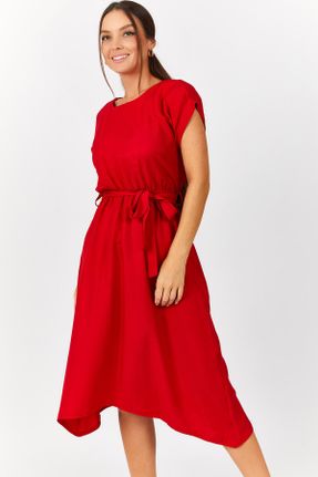 لباس قرمز زنانه بافتنی مخلوط ویسکون ریلکس آستین-کوتاه بیسیک کد 2877034