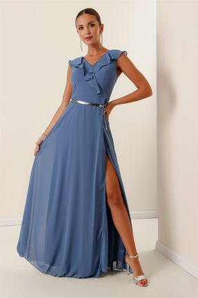 لباس مجلسی آبی زنانه بافت رگولار یقه هفت آستر دار کد 341711729