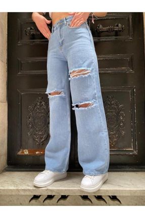 شلوار جین آبی زنانه پاچه راحت سوپر فاق بلند جین اورسایز جوان بلند کد 341070474