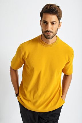 تی شرت زرد مردانه اورسایز یقه گرد کد 49585655