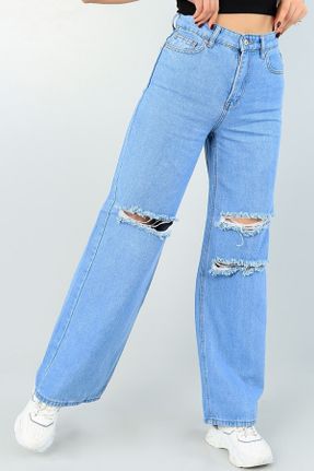 شلوار جین آبی زنانه پاچه راحت فاق بلند اکریلیک ساده جوان بلند کد 342456456