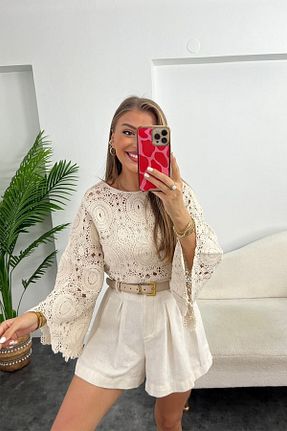 بلوز بژ زنانه طرح دار Genel Markalar - کد 343361999