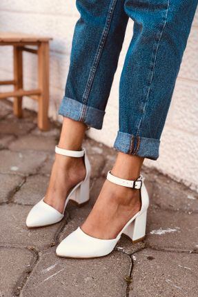 کفش پاشنه بلند کلاسیک سفید زنانه جیر پاشنه ضخیم پاشنه متوسط ( 5 - 9 cm ) کد 344915120