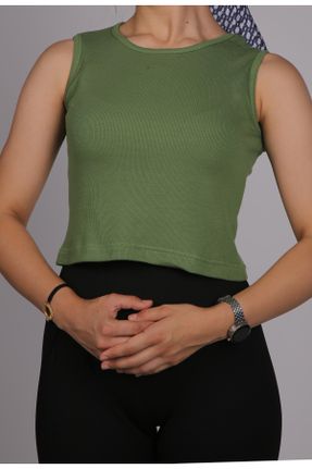 تی شرت سبز زنانه کراپ یقه گرد تکی بیسیک کد 345591290