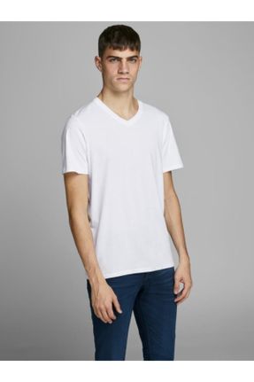 تی شرت سفید مردانه اسلیم فیت یقه هفت پنبه (نخی) تکی کد 8771402