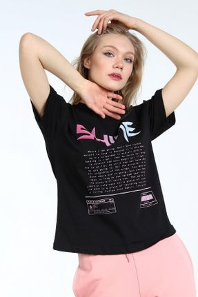تی شرت مشکی زنانه رگولار یقه گرد کد 102982135