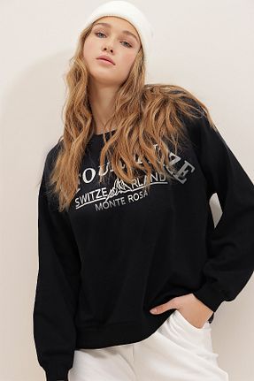 سوئیشرت مشکی زنانه چاپی Trend Alaçatı Stili - کد 348040377