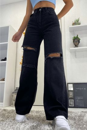 شلوار جین مشکی زنانه پاچه گشاد فاق بلند جین ساده بلند کد 348453913
