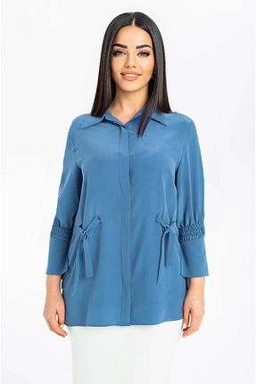 پیراهن سرمه ای زنانه یقه مردانه LAVİNİST - کد 84113033