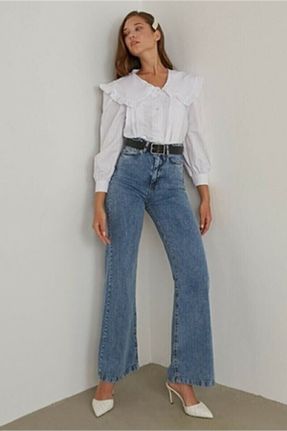 شلوار جین آبی زنانه پاچه گشاد فاق بلند جین ساده بلند کد 348464327