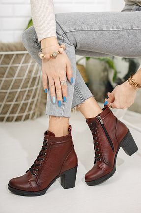 بوت / نیم بوت زرشکی زنانه چرم خالص Deripabuc - کد 75829574