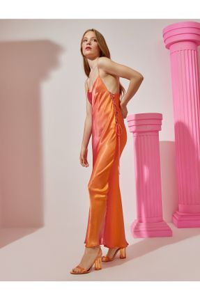 لباس مجلسی نارنجی زنانه رگولار یقه هفت ساتن آستین استاندارد بدون آستر کد 354622189
