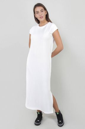 لباس سفید زنانه تریکو پنبه - پلی استر - الاستن آستین-کوتاه کد 90360261