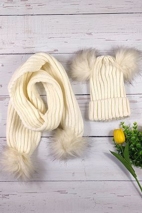 ست شال گردن و کلاه پشمی و دستکش بژ بچه گانه پنبه ای ADA BEBEK ÇOCUK - کد 356045202