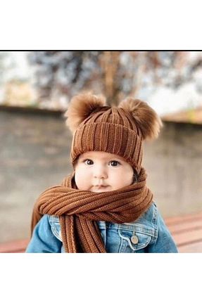 ست شال گردن و کلاه پشمی قهوه ای بچه گانه Babexi - کد 206809428
