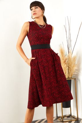 لباس قرمز زنانه بافتنی مخلوط پلی استر طرح گلدار Fitted بیسیک کد 94550453