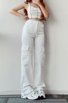 شلوار جین سفید زنانه پاچه گشاد کارگو بلند کد 364469806