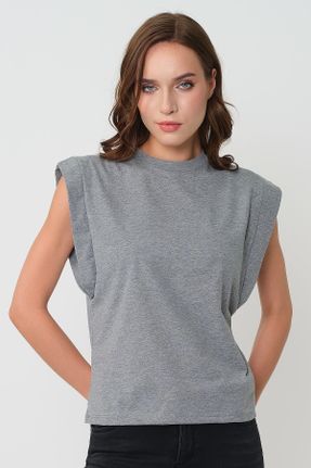 تی شرت طوسی زنانه اورسایز یقه گرد پنبه (نخی) تکی طراحی کد 364800029