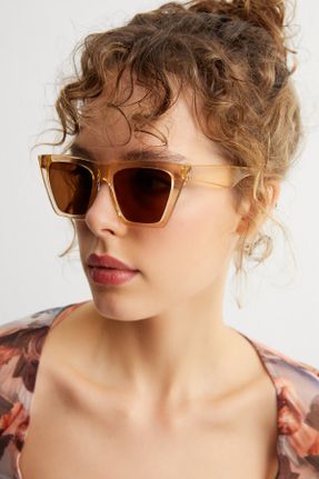 عینک آفتابی قهوه ای زنانه 50 UV400 فلزی مات مستطیل کد 43453011
